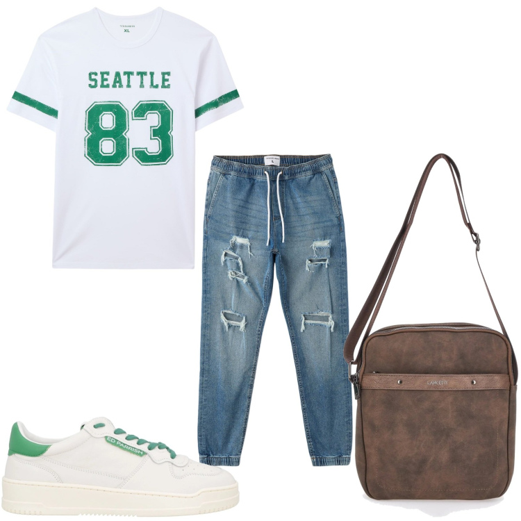 Outfit uomo - Casual per la città. Stile Casual per Tutti i giorni. Abbinamento con sneakers, jeans strappati, t-shirt, portafogli.