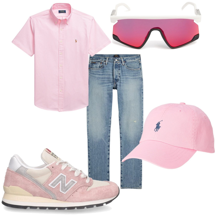 Outfit uomo - Total in rosa anche io. Stile Casual per Tutti i giorni. Abbinamento con cappelli, camicie, jeans, sneakers, occhiali da sole.