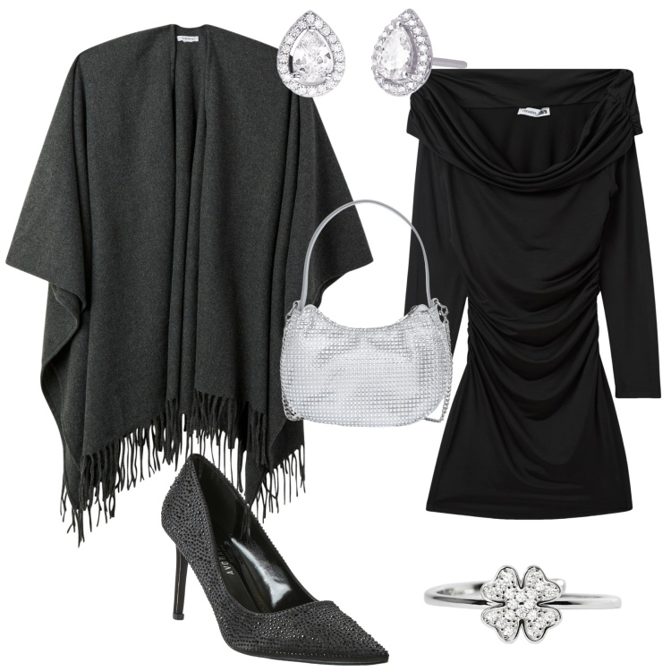 Outfit donna - Total look #2051597. Stile Chic per Serata fuori. Abbinamento con anelli, orecchini, cappe, décolleté, vestiti corti, borse a spalla.