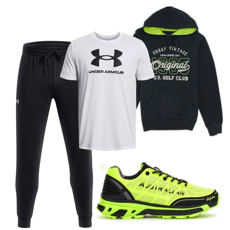 Outfit uomo - Total look #2051604. Stile Casual per Sport. Abbinamento con felpe con cappuccio, maglieria, scarpe sportive, pantaloni.