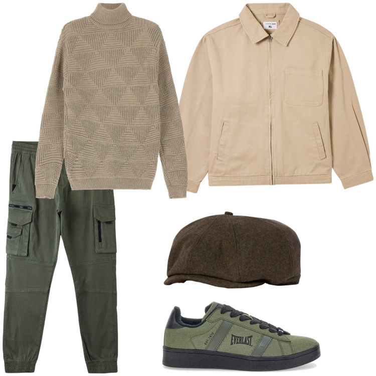 Outfit uomo - Stile utility. Stile Trendy per Tutti i giorni. Abbinamento con pantaloni cargo, giacche, maglieria, sneakers, cappelli e berretti.