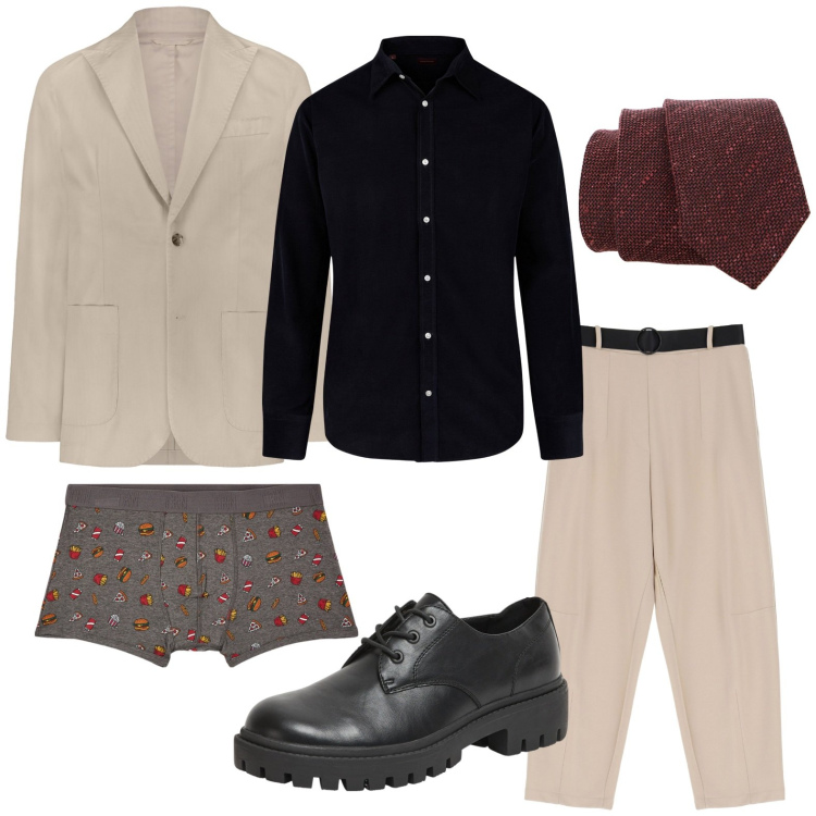Outfit uomo - Elegante. Stile Trendy per Serata speciale. Abbinamento con scarpe stringate, boxer, pantaloni, cravatte, camicie, giacche.