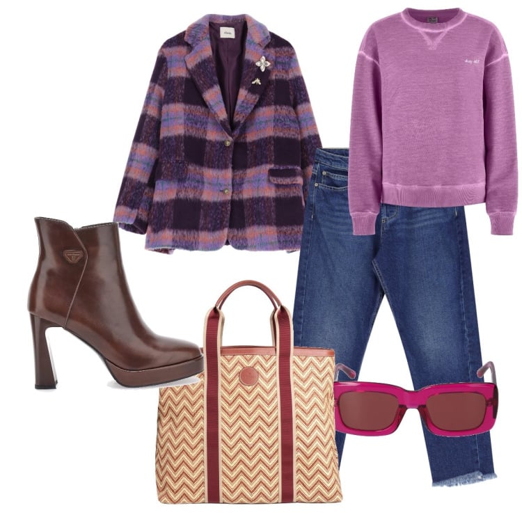Outfit donna - Un the con le amiche. Stile Glamour per Tutti i giorni. Abbinamento con borse a mano, jeans dritti, felpe, blazer, stivaletti, occhiali da sole.