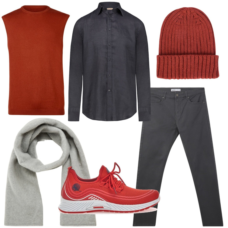 Outfit uomo - Dinamico. Stile Trendy per Tutti i giorni. Abbinamento con pantaloni skinny, sciarpe e foulard, sneakers, camicie, berretti, gilet.