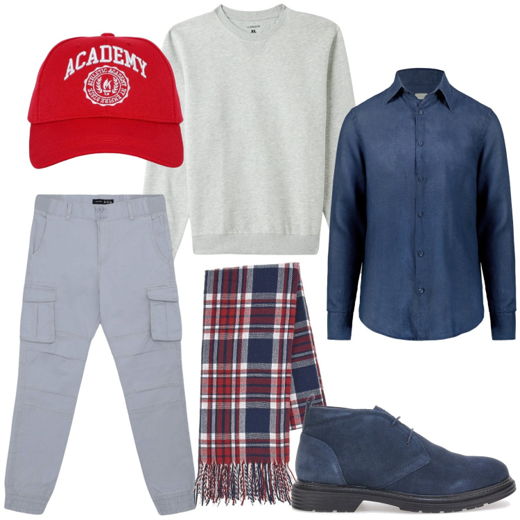 Outfit uomo - Scozzese. Stile Trendy per Tutti i giorni. Abbinamento con cappelli, pantaloni cargo, felpe, sciarpe, scarpe stringate, camicie.