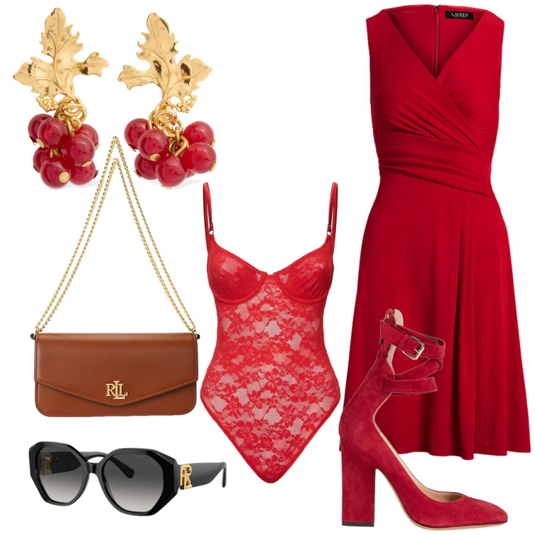 Outfit donna - Un ricco San Valentino. Stile Sexy per Serata fuori. Abbinamento con décolleté, occhiali da sole, borse a spalla, vestiti, body, orecchini.