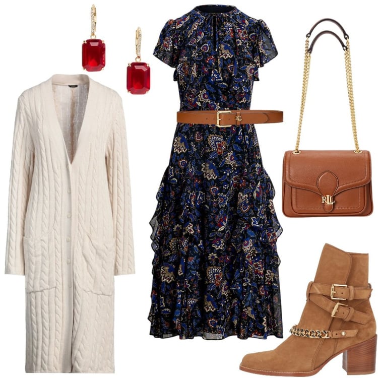Outfit donna - Boho chic. Stile Boho per Tutti i giorni. Abbinamento con stivaletti, cardigans, cinture, borse a spalla, vestiti, orecchini.