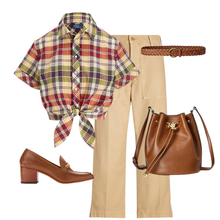 Outfit donna - Camicetta a quadri. Stile Rock per Tutti i giorni. Abbinamento con cinture, décolleté, borse a secchiello, camicie, pantaloni.