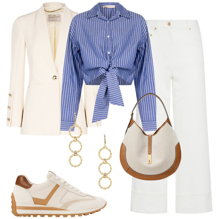 Outfit donna - City. Stile Casual chic per Tutti i giorni. Abbinamento con camicie, blazer, sneakers, orecchini, borse a spalla, jeans.