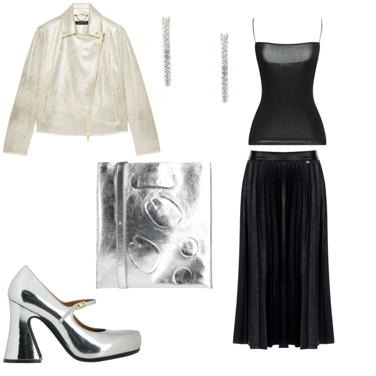 Outfit donna - Stasera si esce. per Serata fuori. Abbinamento con top, décolleté, borse a mano, gonne longuette, orecchini, blazer.