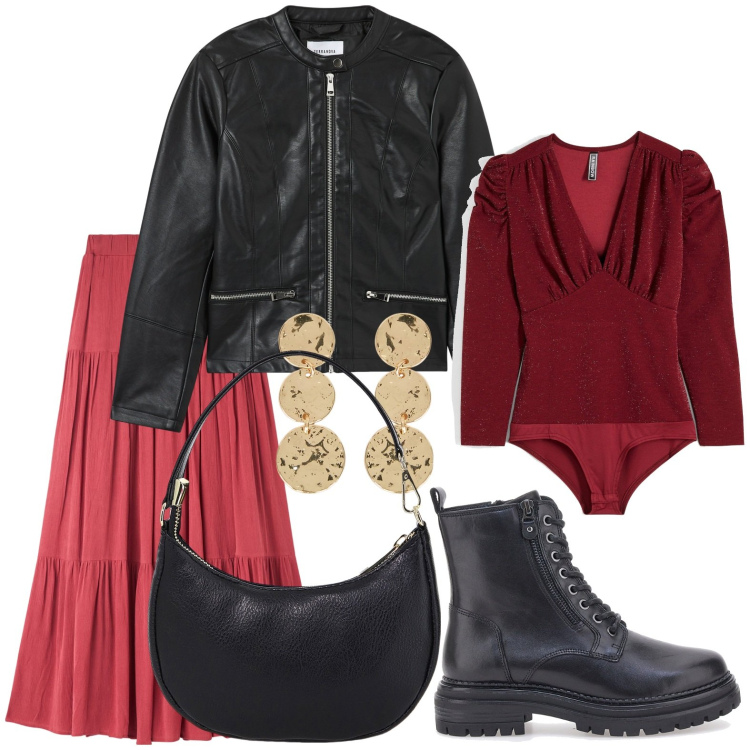 Outfit donna - Stile Boho Biker. Stile Boho per Scuola/Università. Abbinamento con body, gonne lunghe, blazer, borse a spalla, anfibi, orecchini.