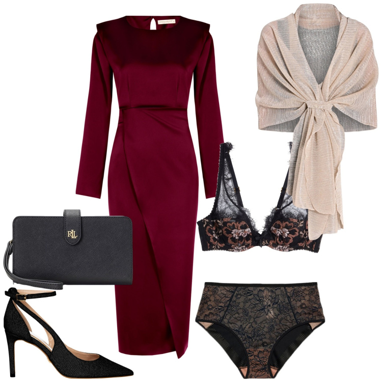 Outfit donna - Cena romantica. Stile Chic per Serata fuori. Abbinamento con reggiseni a balconcino, vestiti midi/longuette, stole, décolleté, pochette, culotte.