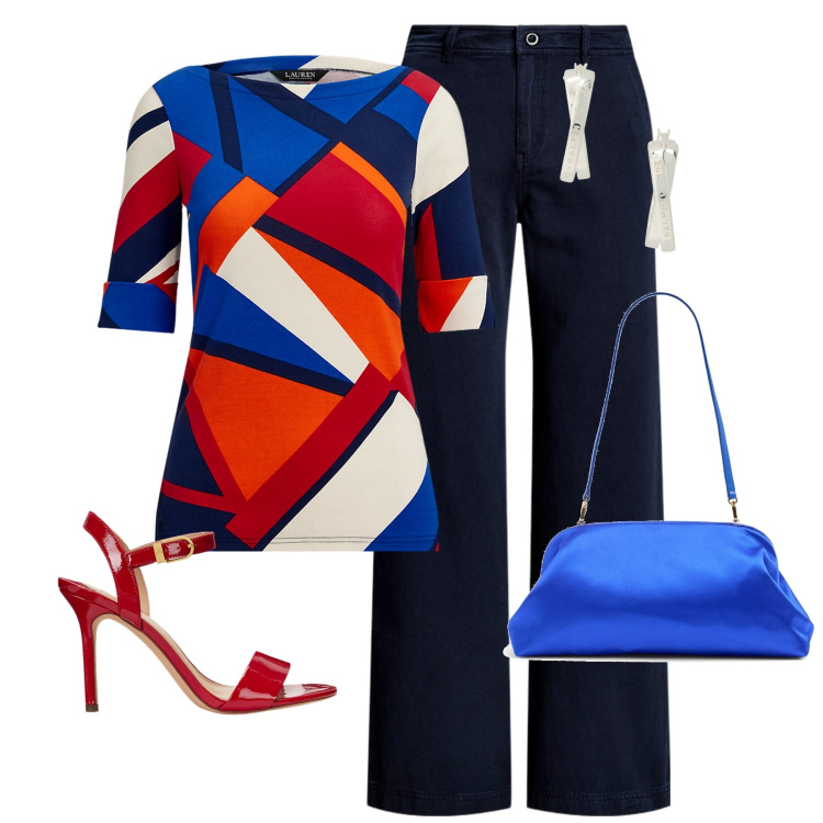 Outfit donna - Fantasie geometriche. Stile Glamour per Serata fuori. Abbinamento con sandali col tacco, orecchini, t-shirt, pantaloni, borse a spalla.