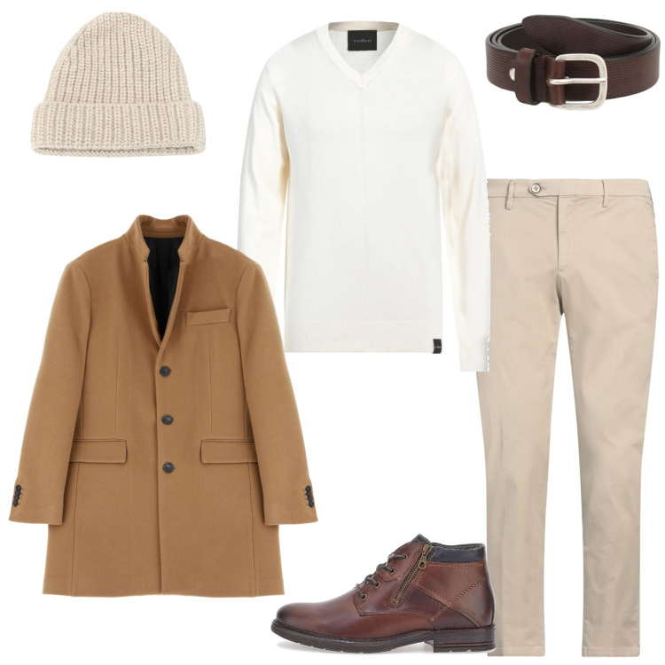 Outfit uomo - Toni neutri per un look raffinato. Stile Casual per Tutti i giorni. Abbinamento con pullovers, pantaloni chino, cinture, cappotti, berretti, scarpe stringate.