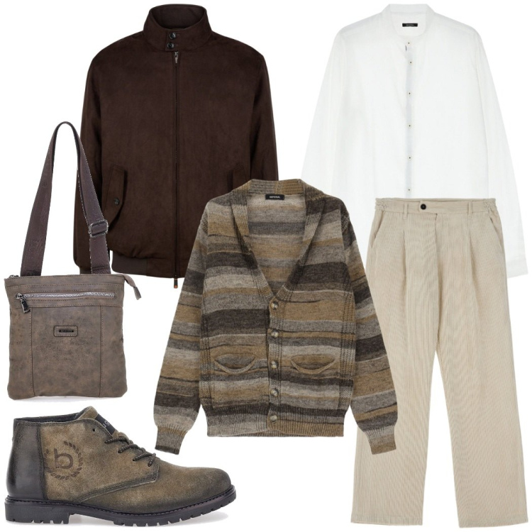 Outfit uomo - Tonalità neutre e tessuti sofisticati. Stile Casual per Ufficio. Abbinamento con cardigans, camicie, pantaloni, scarpe stringate, portafogli, giacche.