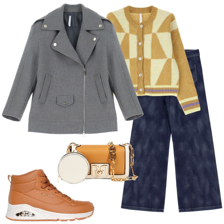 Outfit donna - Gialloarancio. Stile Casual per Tutti i giorni. Abbinamento con cardigans, blazer, pochette, jeans bootcut, sneakers.