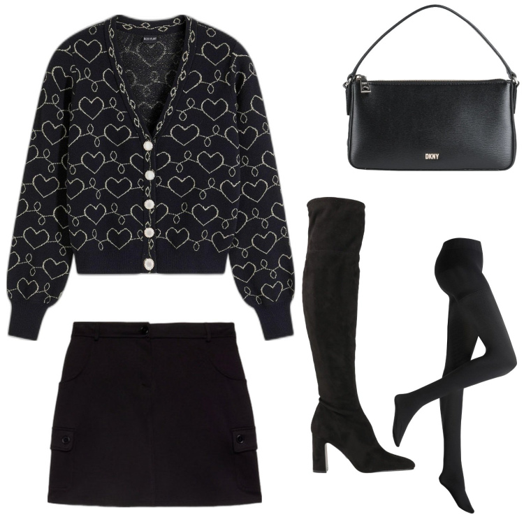 Outfit donna - Total look #2051663. Stile Trendy per Serata fuori. Abbinamento con collant, cardigans, stivali sopra il ginocchio, borse a mano, minigonne.
