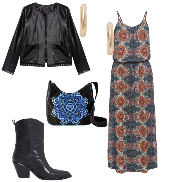 Outfit donna - Borsa a fiore. per Tutti i giorni. Abbinamento con vestiti lunghi, borse a tracolla, stivaletti texani, orecchini, blazer.