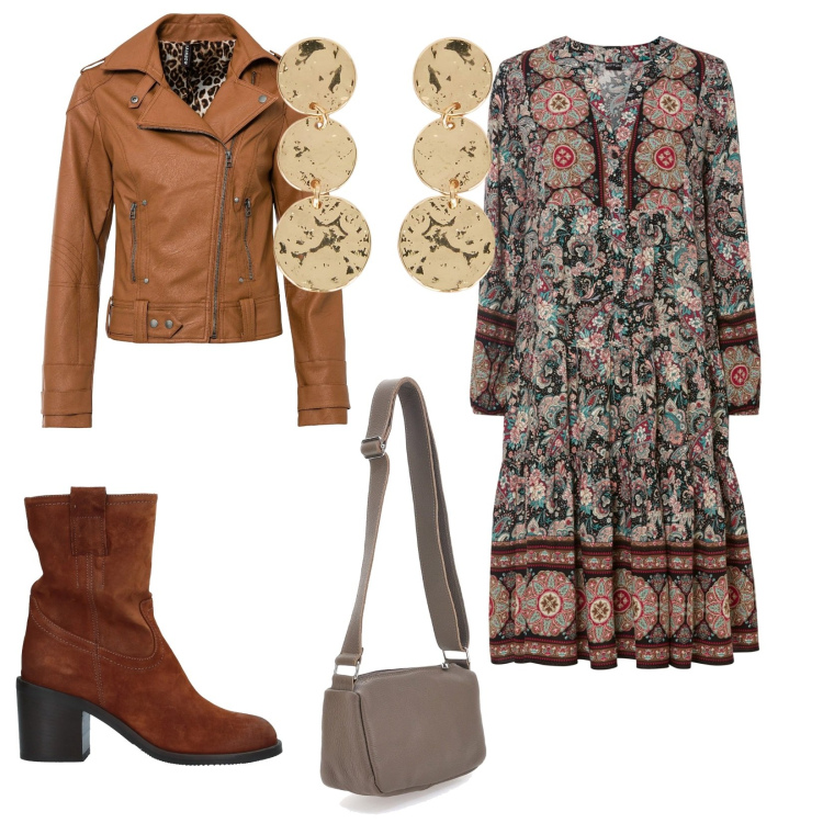 Outfit donna - I colori di stagione. per Tutti i giorni. Abbinamento con vestiti, blazer, stivaletti, orecchini, borse a tracolla.