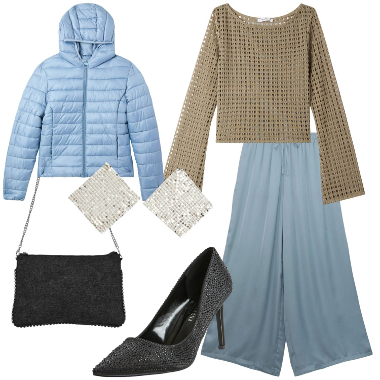 Outfit donna - San Valentino con le amiche. Stile Chic per Serata fuori. Abbinamento con maglieria, pantaloni, décolleté, orecchini, borse a tracolla, piumini.