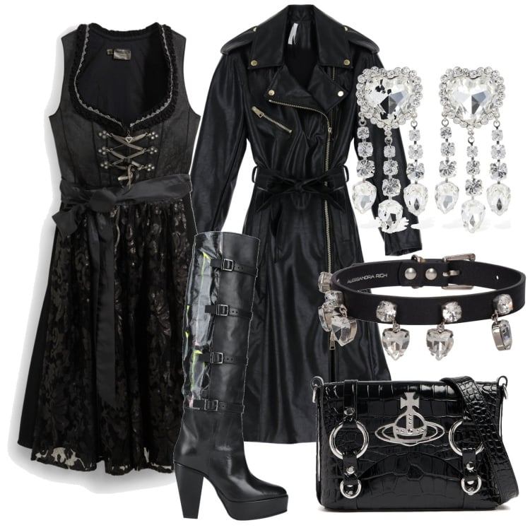 Outfit donna - Chic and rock. Stile Rock per Serata fuori. Abbinamento con stivali, vestiti, trench, collane, borse a spalla, orecchini.