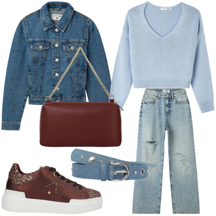 Outfit donna - Total denim. Stile Casual per Scuola/Università. Abbinamento con sneakers, blazer, jeans strappati, maglieria, cinture, borse a tracolla.