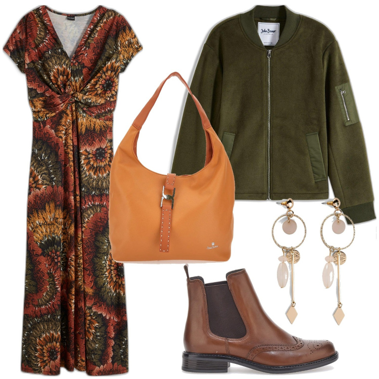 Outfit donna - Stile Boho Biker. Stile Boho per Scuola/Università. Abbinamento con vestiti lunghi, orecchini, bomber, stivaletti chelsea, borse a spalla.