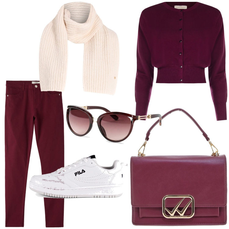 Outfit donna - Mise rouge. Stile Glamour per Tutti i giorni. Abbinamento con occhiali da sole, pantaloni, cardigans, sciarpe, sneakers, borse a tracolla.