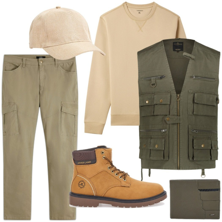 Outfit uomo - Giornata libera. Stile Urban per Tutti i giorni. Abbinamento con pantaloni cargo, cappelli, felpe, portafogli, gilet, stivali e stivaletti.