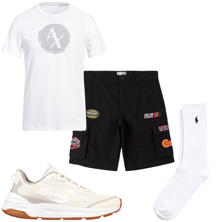 Outfit uomo - Sportivo casual. Stile Casual per Tutti i giorni. Abbinamento con t-shirt, bermuda, calzini, sneakers.