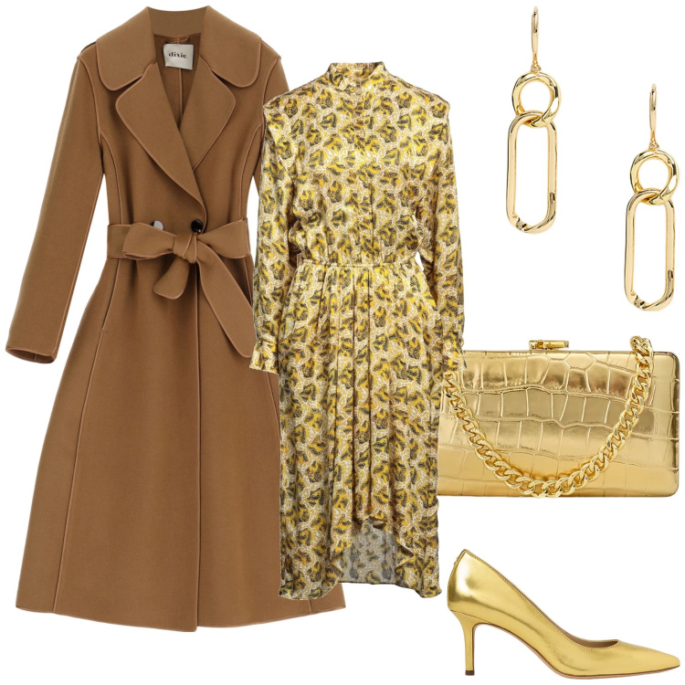 Outfit donna - Golden Woman. Stile Chic per Cerimonia. Abbinamento con vestiti midi/longuette, cappotti, décolleté, clutch, orecchini.