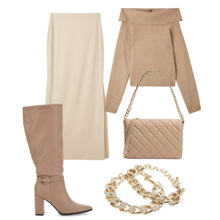 Outfit donna - Beige e nocciola. Stile Glamour per Tutti i giorni. Abbinamento con gonne lunghe, maglieria, braccialetti, borse a tracolla, stivali.