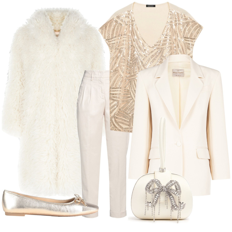 Outfit donna - White and love. Stile Glamour per Tutti i giorni. Abbinamento con ballerine, pantaloni, cappotti, blazer, t-shirt, pochette.