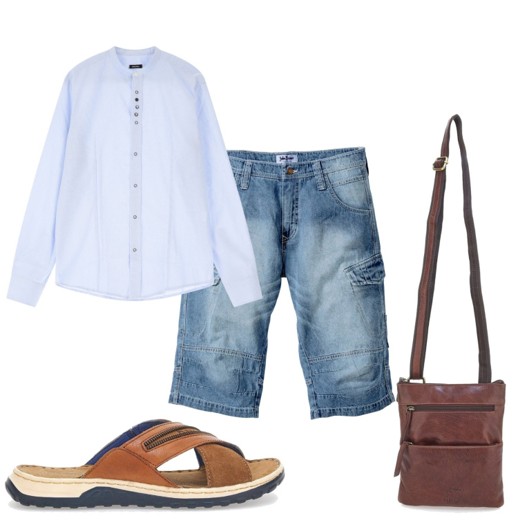 Outfit uomo - Pomeriggio in libertà. Stile Casual per Tutti i giorni. Abbinamento con bermuda, camicie, portafogli, sandali.