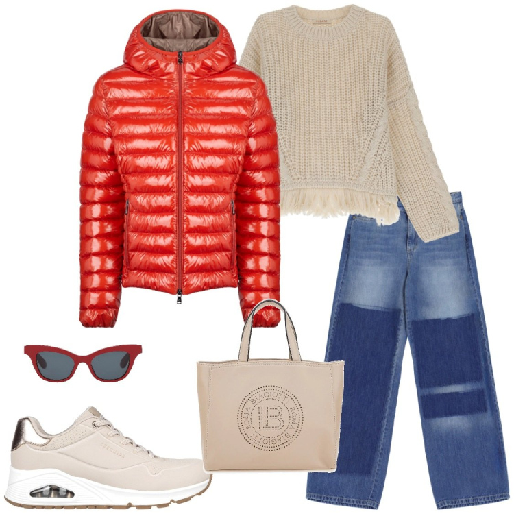 Outfit donna - Piumino rosso. Stile Casual per Tutti i giorni. Abbinamento con occhiali da sole, maglieria, jeans a zampa, blazer, sneakers, borse a tracolla.