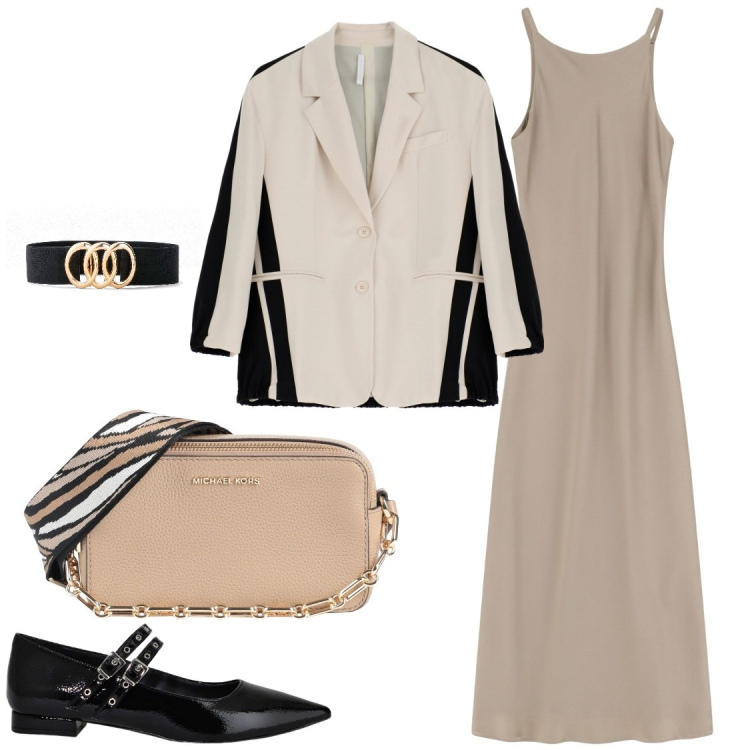 Outfit donna - Drago di komodo. Stile Casual chic per Serata fuori. Abbinamento con cinture, borse a tracolla, blazer, ballerine, vestiti lunghi.
