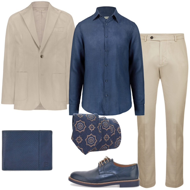 Outfit uomo - Elegante in blu e beige. Stile Business/Elegante per Ufficio. Abbinamento con cravatte, portafogli, pantaloni, scarpe stringate, giacche, camicie.