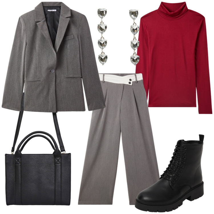 Outfit donna - Dall\'ufficio all\'aperitivo. Stile Casual chic per Ufficio. Abbinamento con pantaloni, borse tote, maglieria, anfibi, orecchini, blazer.