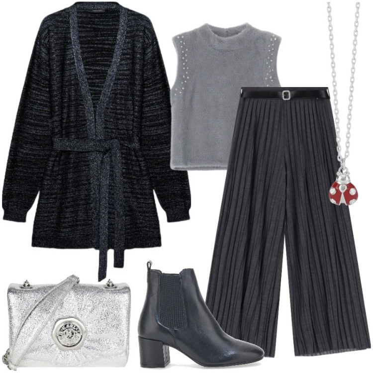 Outfit donna - Tessuti morbidi e look elegante. Stile Glamour per Serata fuori. Abbinamento con borse a tracolla, collane, top, pantaloni a palazzo, stivaletti chelsea, cardigans.
