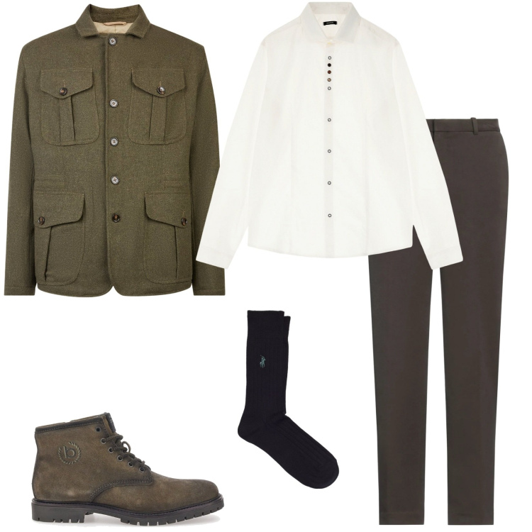 Outfit uomo - Stile militare. Stile Trendy per Tutti i giorni. Abbinamento con pantaloni, camicie, calzini, stivali e stivaletti, giacche.