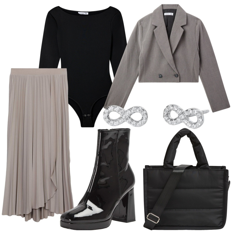Outfit donna - Total look #2051731. Stile Chic per Serata fuori. Abbinamento con gonne lunghe, blazer, body, stivaletti, shopping bag, orecchini.