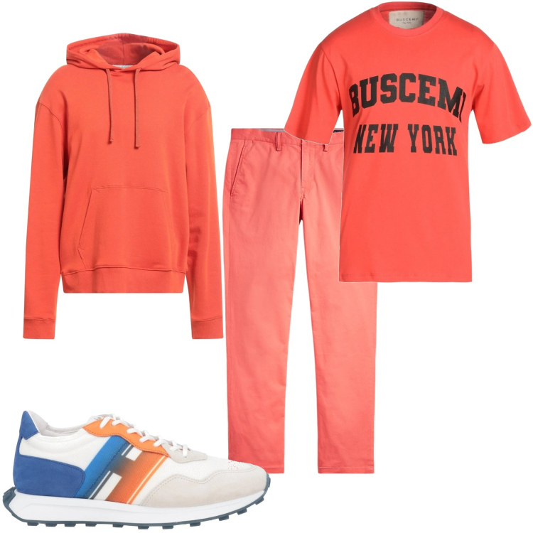 Outfit uomo - Arancione di mattina. Stile Urban per Tutti i giorni. Abbinamento con pantaloni, sneakers, felpe con cappuccio, t-shirt.