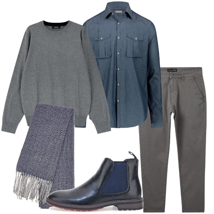 Outfit uomo - Chino e stivaletti. Stile Casual per Tutti i giorni. Abbinamento con pantaloni chino, maglieria, camicie, sciarpe, stivali e stivaletti.