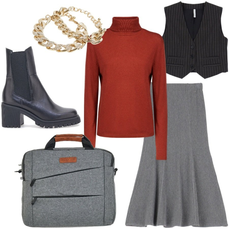 Outfit donna - Riunione di lavoro. Stile Urban per Ufficio. Abbinamento con braccialetti, gilet, gonne lunghe, stivaletti, maglieria, borse a mano.