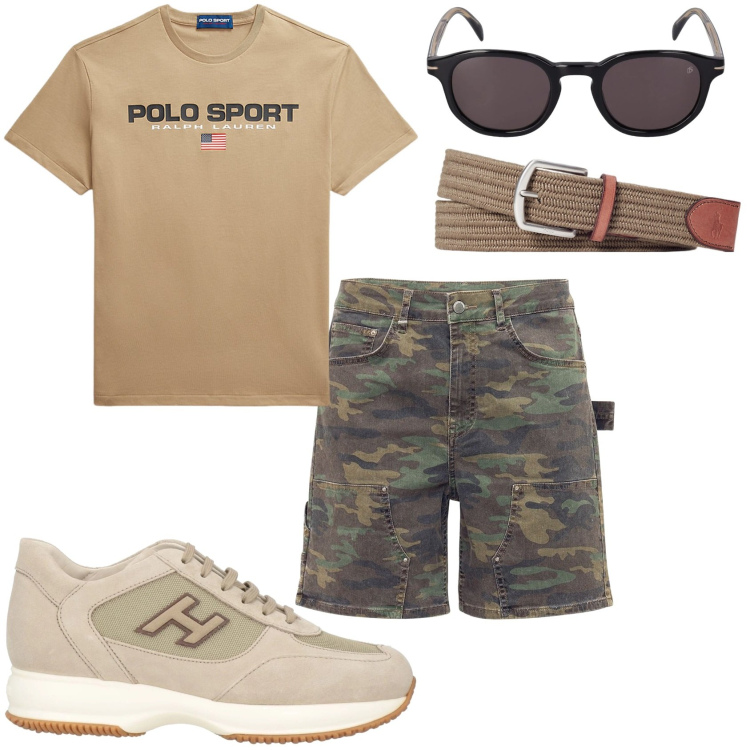 Outfit uomo - Pantaloncino militare e maglietta. Stile Urban per Tutti i giorni. Abbinamento con sneakers, cinture, t-shirt, occhiali da sole, shorts.