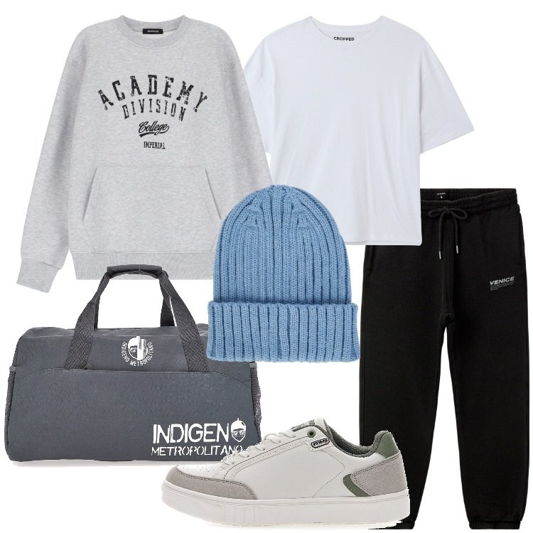 Outfit uomo - Basic in palestra. Stile Casual per Sport. Abbinamento con pantaloni sportivi, t-shirt, felpe, sneakers, borse sportive, berretti.