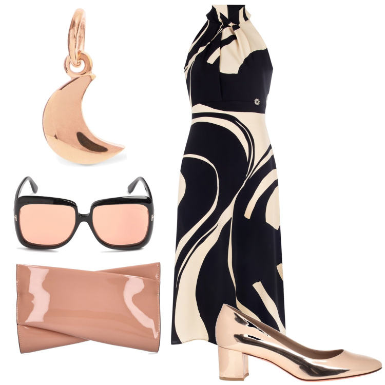 Outfit donna - Optical. Stile Glamour per Serata fuori. Abbinamento con décolleté, vestiti midi/longuette, ciondoli, pochette, occhiali da sole.