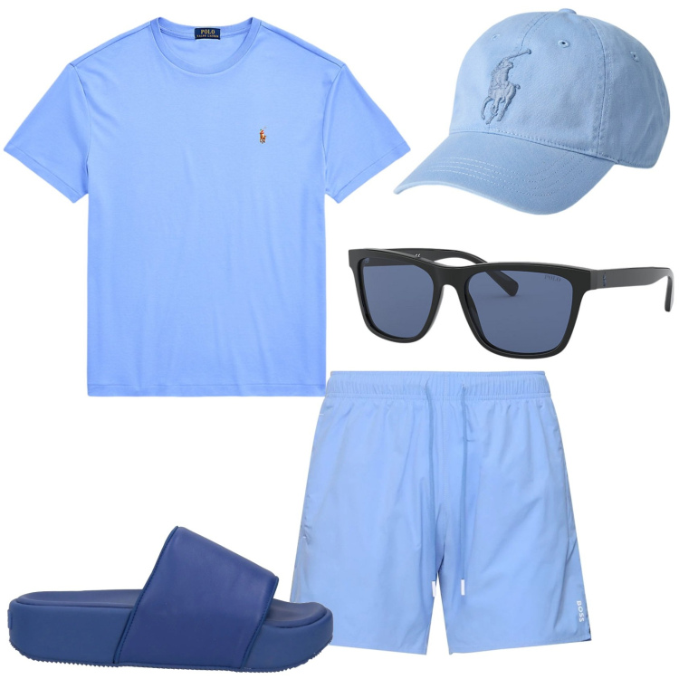 Outfit uomo - Mare azzurro. Stile Casual per Mare. Abbinamento con sandali, t-shirt, occhiali da sole, cappelli, shorts.