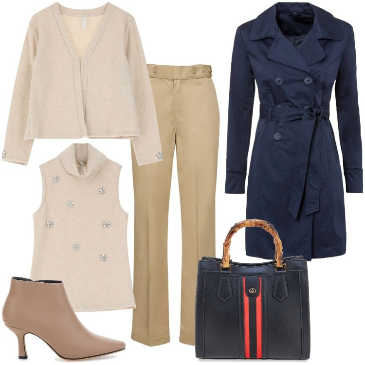 Outfit donna - Pranzo di lavoro. Stile Chic per Tutti i giorni. Abbinamento con trench, maglieria, cardigans, borse a tracolla, stivaletti, pantaloni.