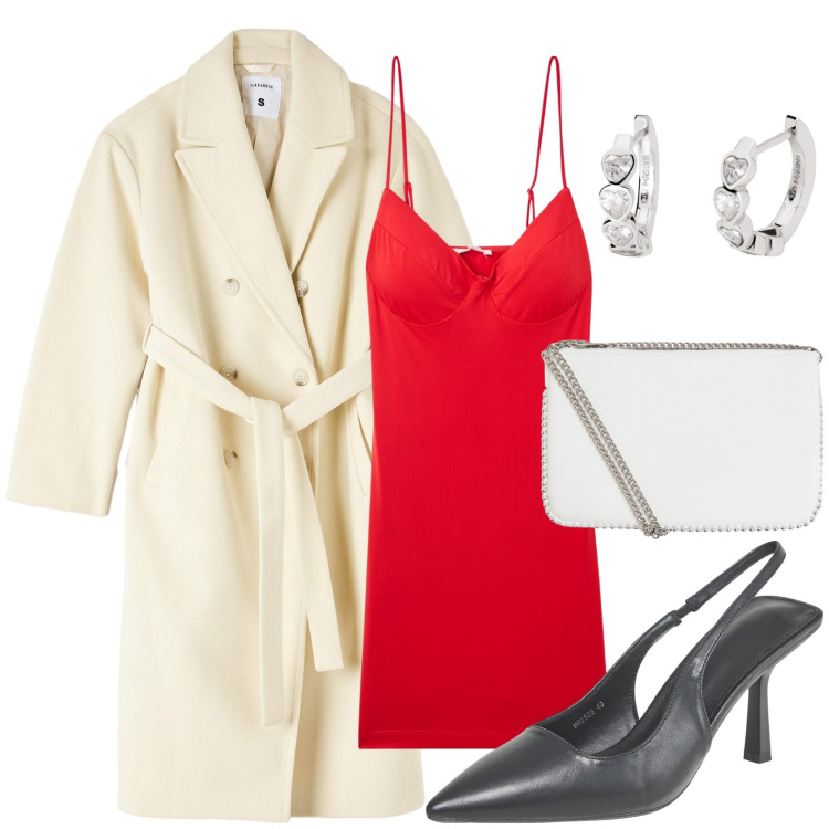 Outfit donna - Terranova - San Valentino. Stile Chic per Serata fuori. Abbinamento con vestiti corti, cappotti, décolleté, borse a tracolla, orecchini.